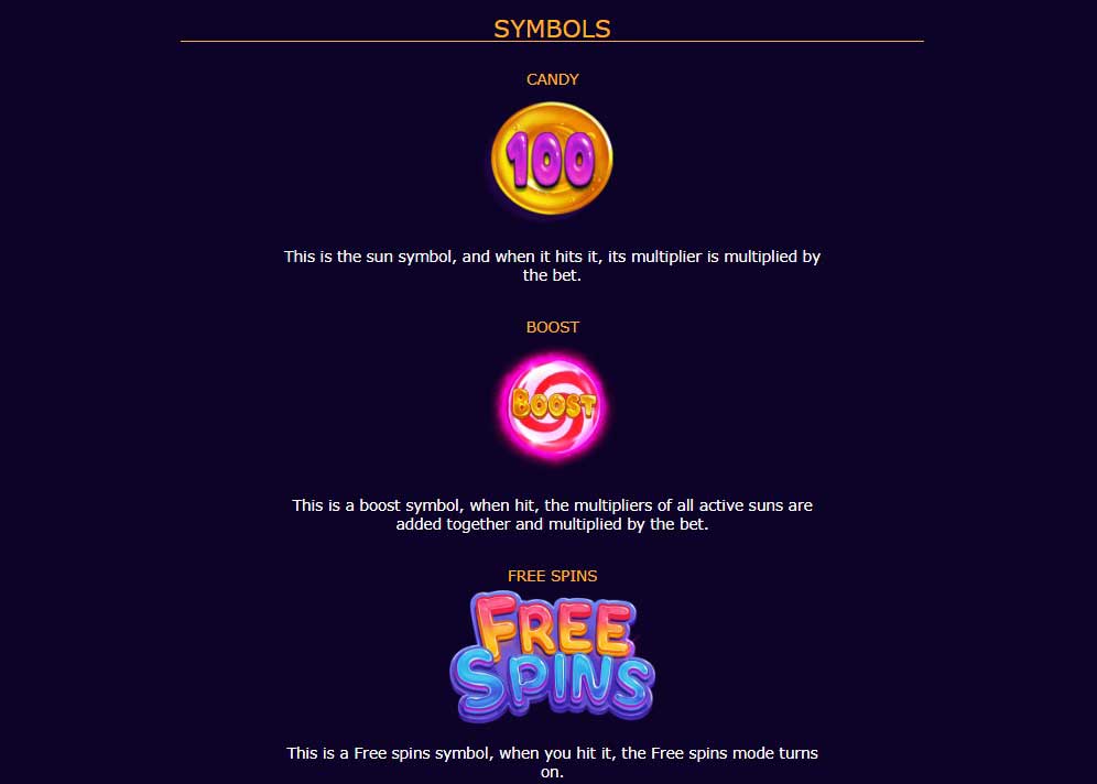 Candy Strike slot game symbols, boost and free spins